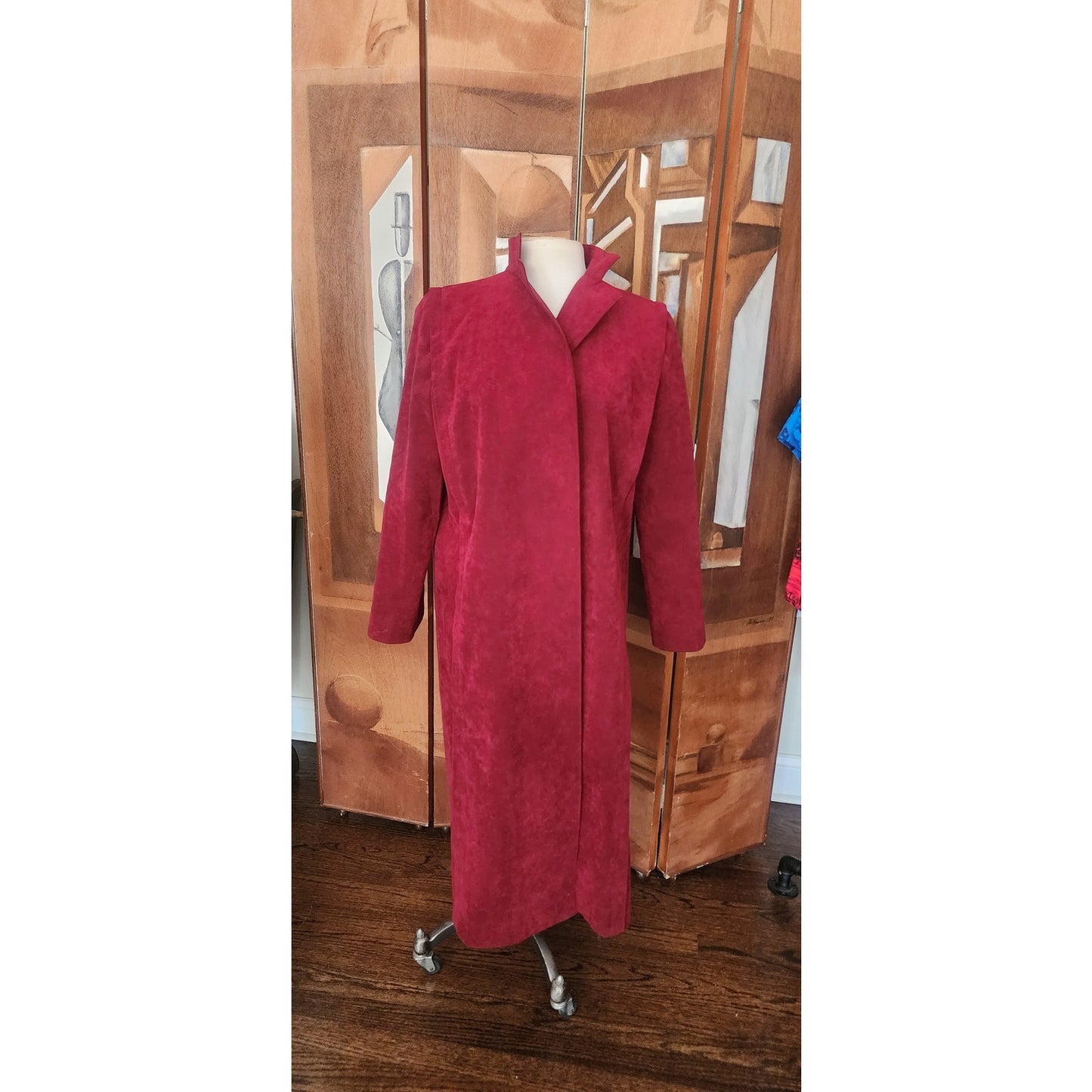 Vintage 1970s Pauline Trigère Ultrasuede Coat Burgundy Red Maxi Trench