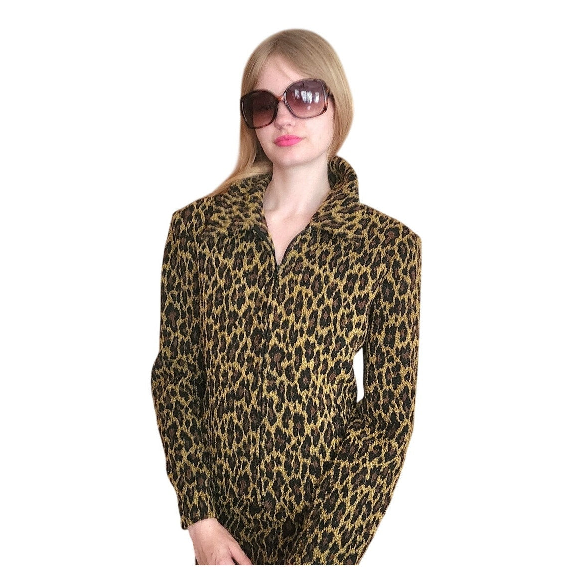 Vintage 90s Monica Bianco Milano Animal Print Skirt Suit Structured Jacket Set Made in Italy