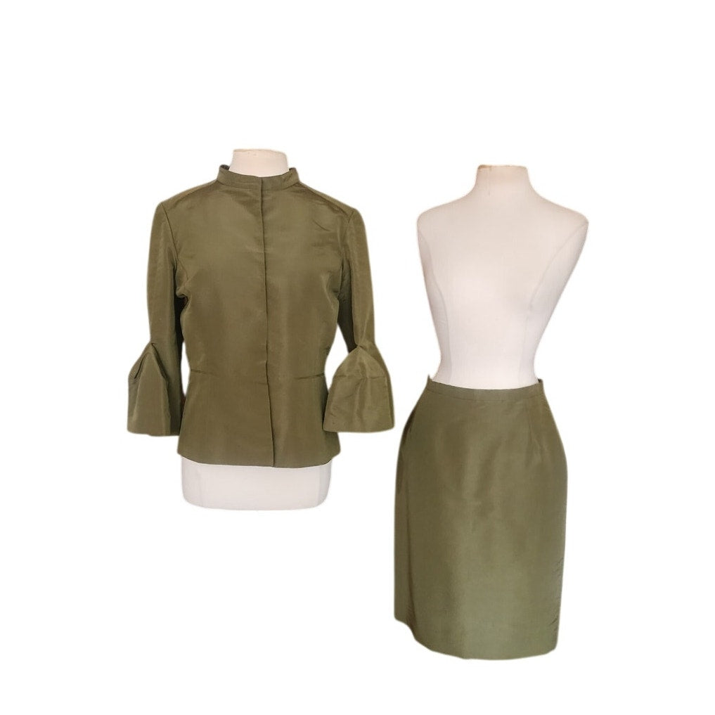 Oscar de la Renta Skirt Suit SS 2008 Green Silk Taffeta Peplum Blazer Bell Cuffs
