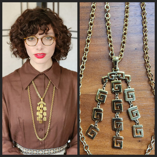 60s Crown Trifari Necklace Gold Pendant Greek Key Fringe