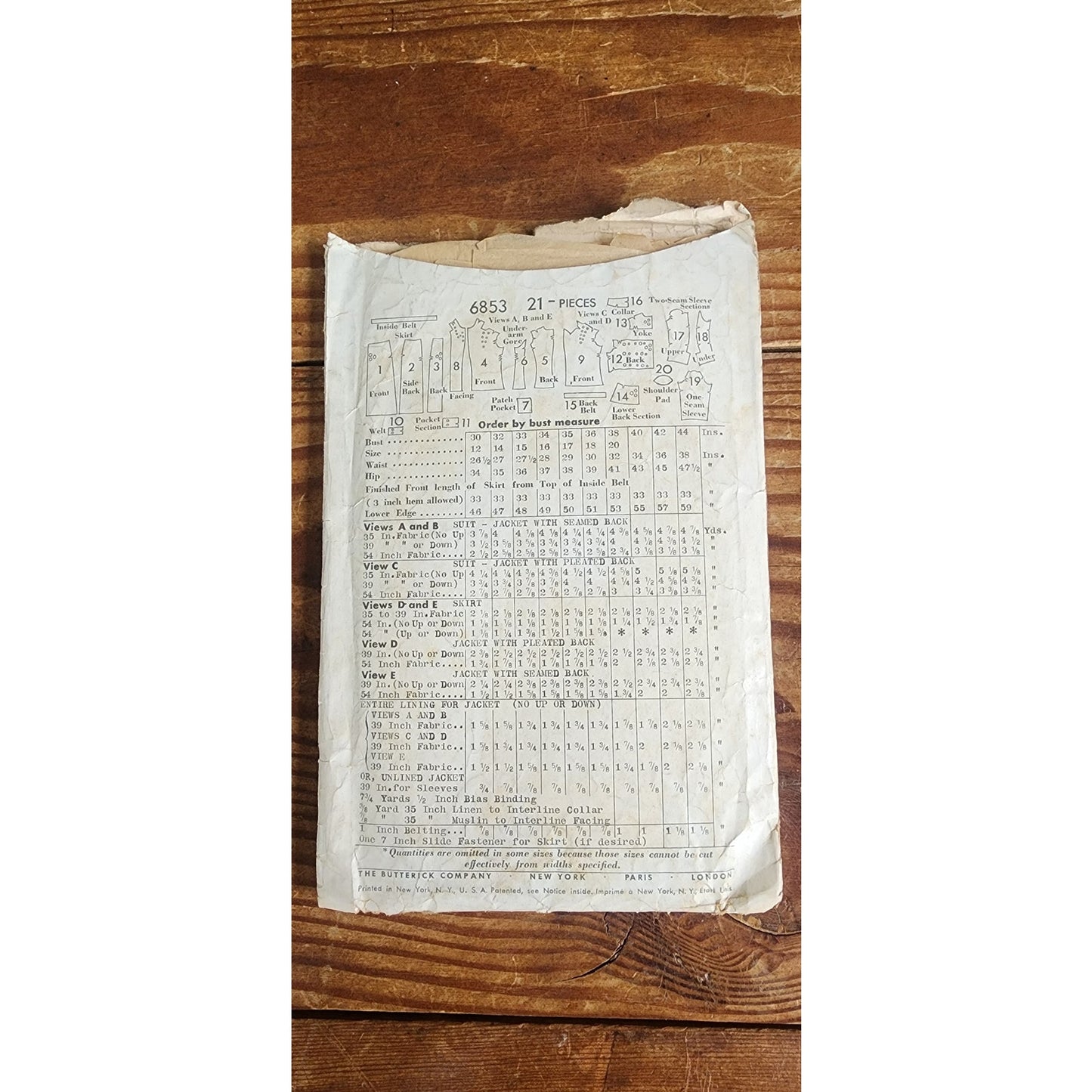 Vintage 30s Sewing Pattern: Two-Piece Suit Butterick 6853