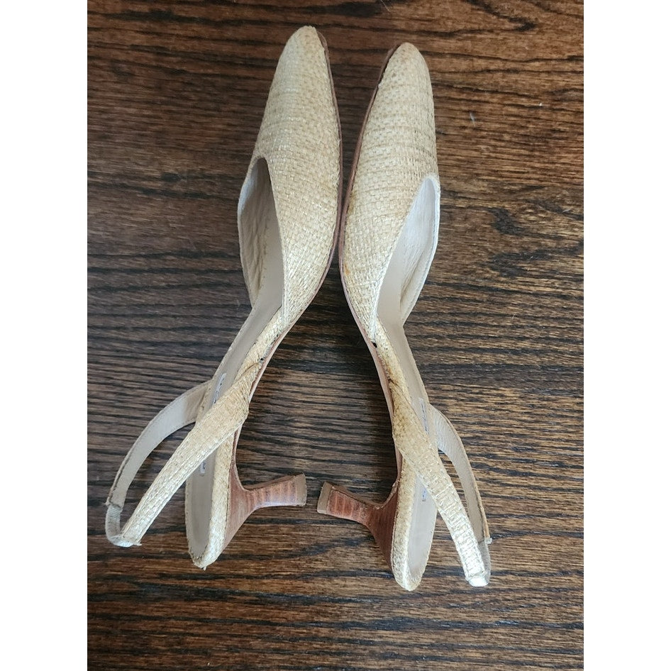 Vintage 1990s Oscar de la Renta Slingback Pumps 38 Beige Cream Gold Weave Texture Kitten Heels Shoes