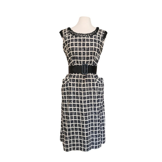 Vintage 50s Cotton Print Dress Black White Check Belted / M to L