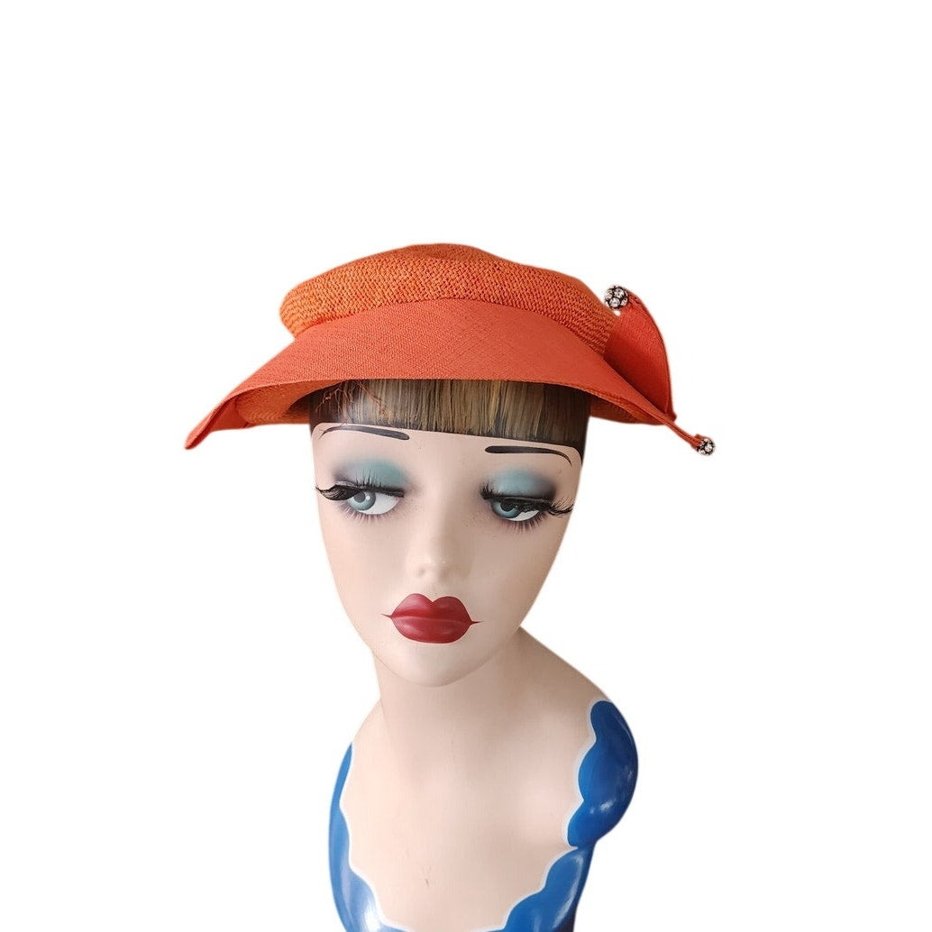 Vintage 50s Orange Straw Cocktail Hat Rhinestones