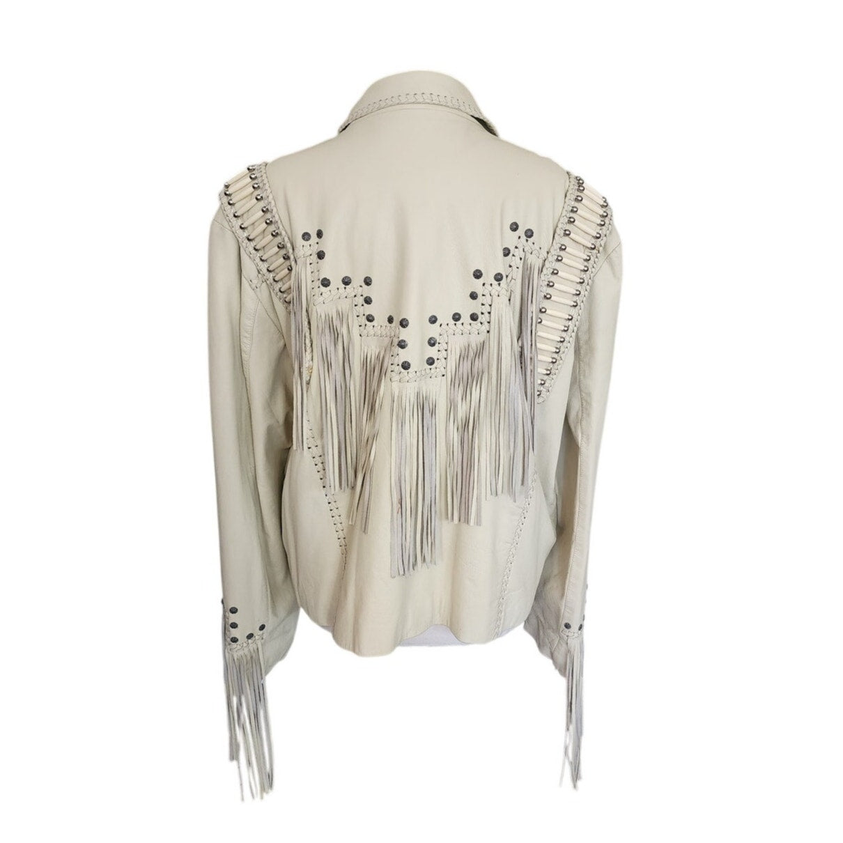 Vintage 1980s White Leather Jacket SUNRIDERS Fringe, Studs & Bone Beads XXL