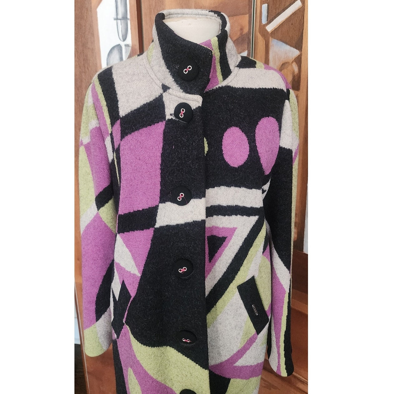 Vintage 90s Geiger Austria Boiled Wool Coat Abstract Geometric Mosaic