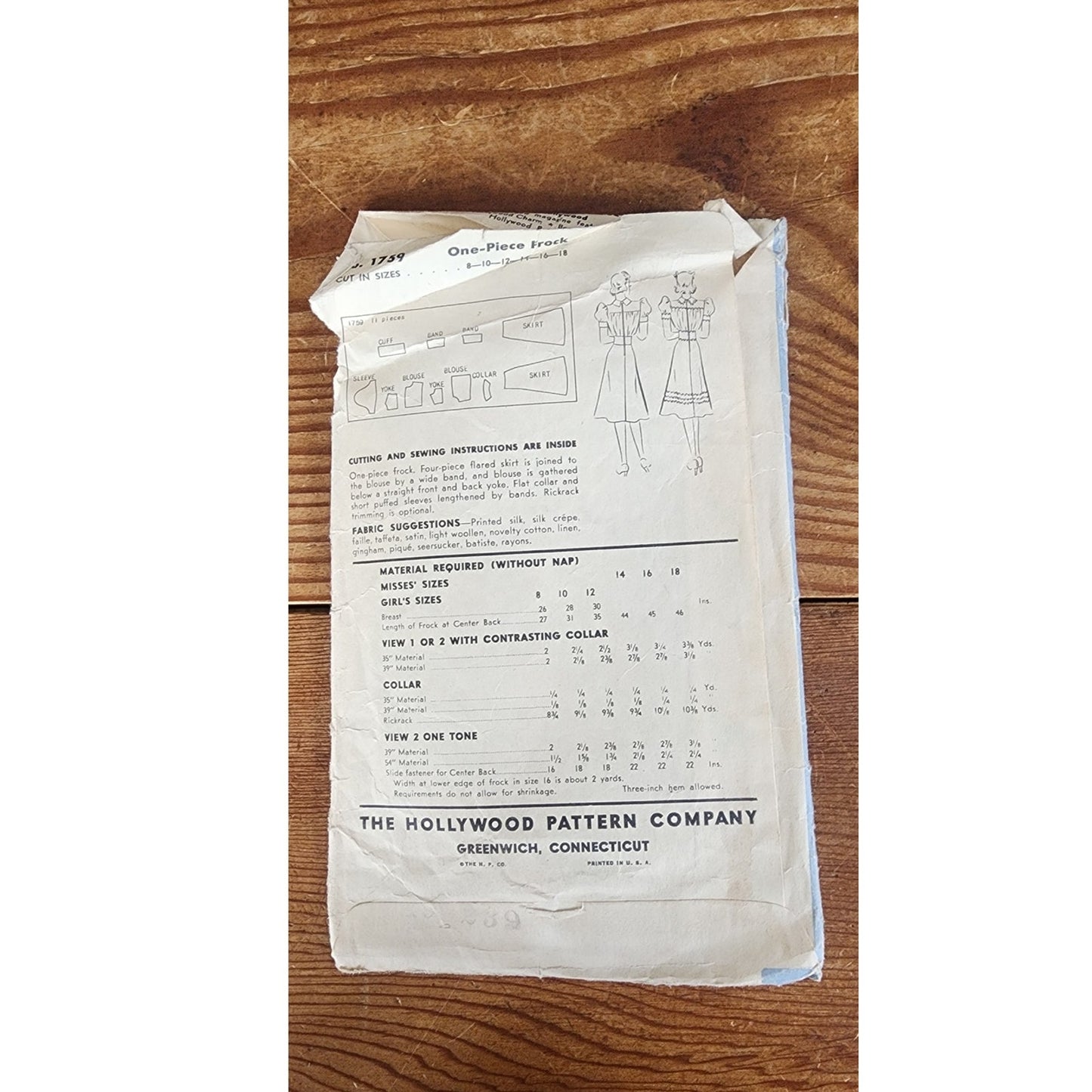 Vintage 40s Sewing Pattern ORIGINAL: Dress Olivia de Havilland Hollywood Pattern 1759