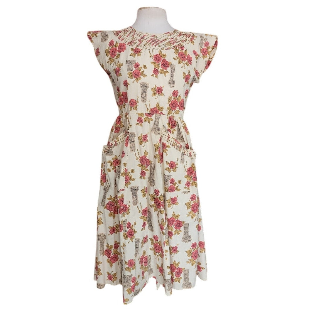 Vintage 50s Swirl Wrap Dress Cotton Rose Classical Columns Print Apron Housewife Full Skirt Pockets