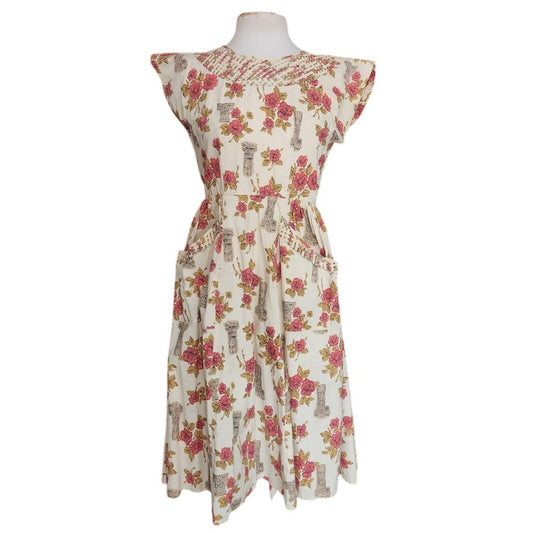 Vintage 50s Swirl Wrap Dress Cotton Rose Classical Columns Print Apron Housewife Full Skirt Pockets