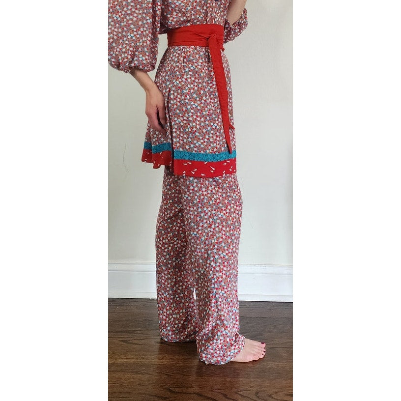Vintage 1980s Lachine Tunic + Pants Set Polyester Georgette Red Graphic Print / Medium