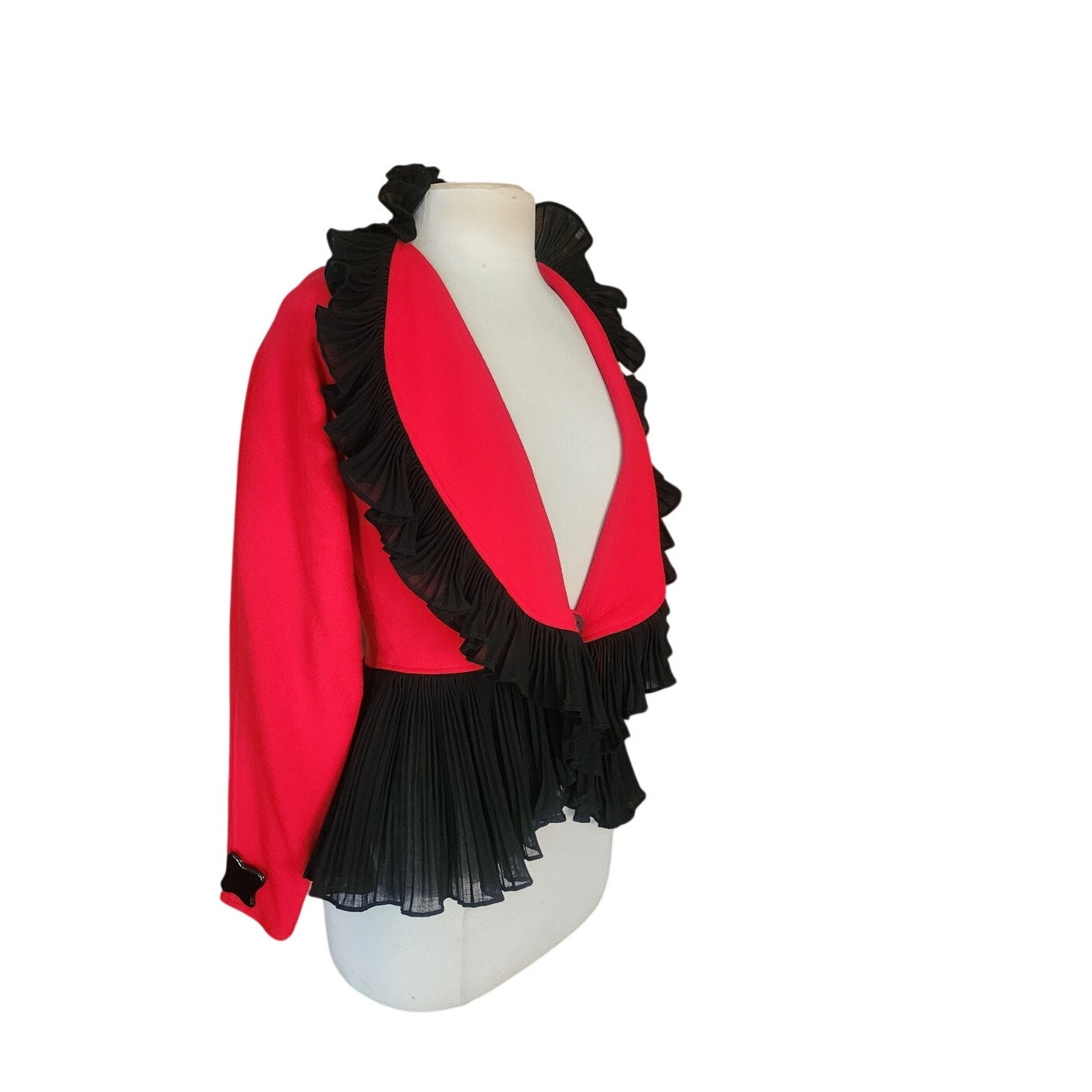 Vintage 1980s Jean Muir Jacket Red Black Ruffle Trim Evening Blazer
