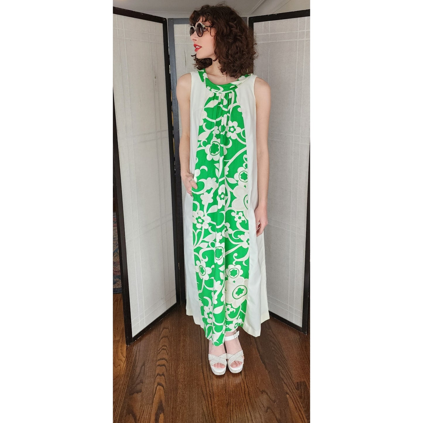 Vintage 70s Tiki Dress Maxi Green White by The Grass Shack