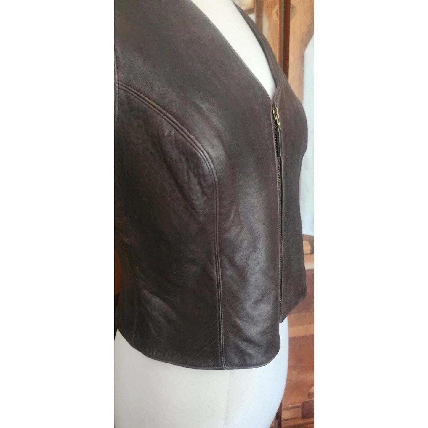 Vintage 1990s Brown Leather Vest Zip Front Karen Kane Vest Fitted Leather Minimalist