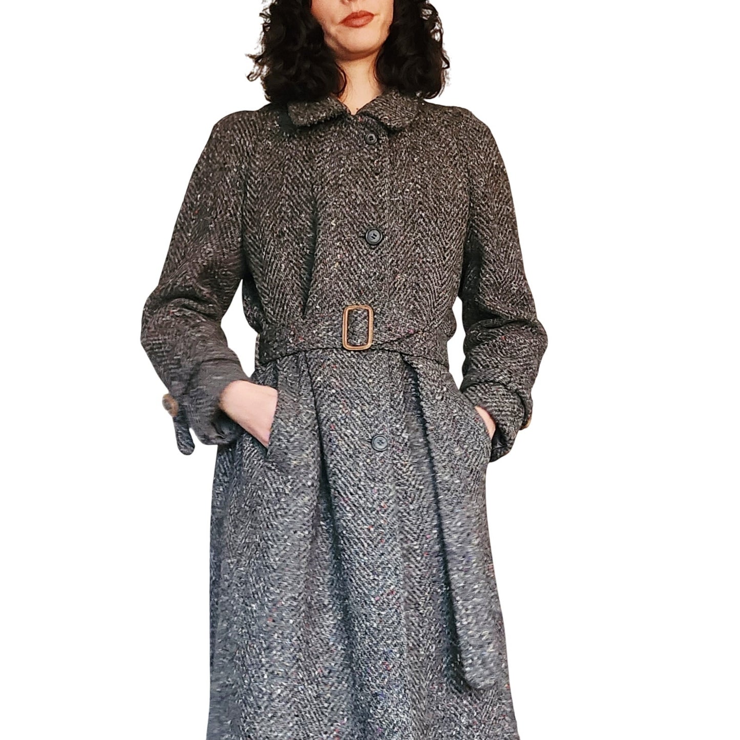 Vintage 1980s Gray Coat Tweed Wool Belted, Long by Huntleigh / Medium