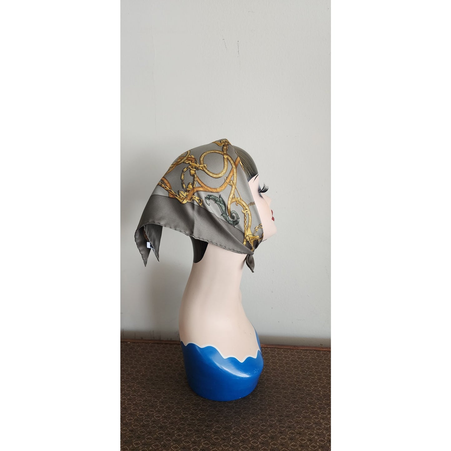 Vintage 90s Hermes Silk Scarf Equestrian Carre 90 Gray Gold l'Instruction du Roy