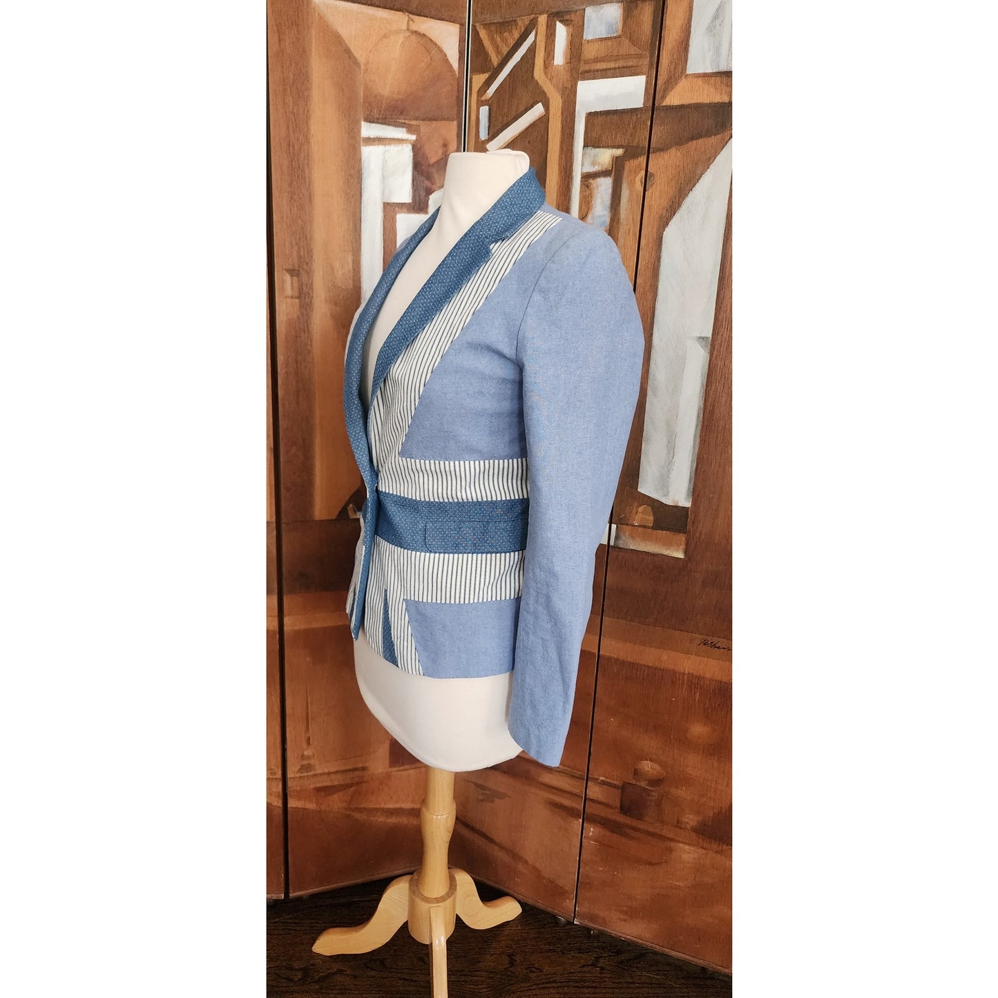 Jack Wills Blue and White Patchwork Denim Blazer, Fitted Single Button