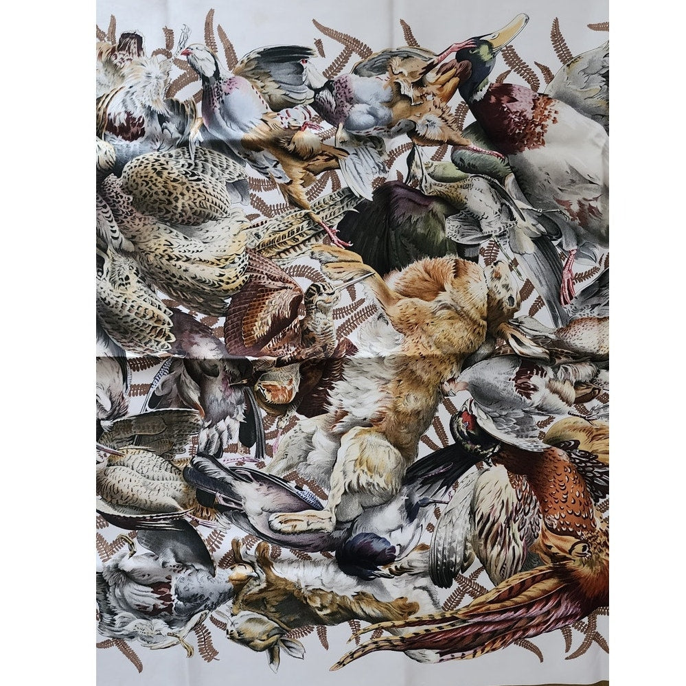 Vintage HERMES Silk Scarf Gibiers Game Animals Print Rabbits Birds Linares