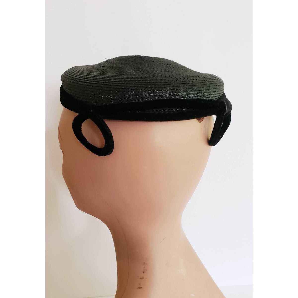 Vintage 1950s Black Hat Fascinator Modernist Avant Garde Cocktail Beanie Hat Pom-Pom Fringe Yeagers Akron Ohio