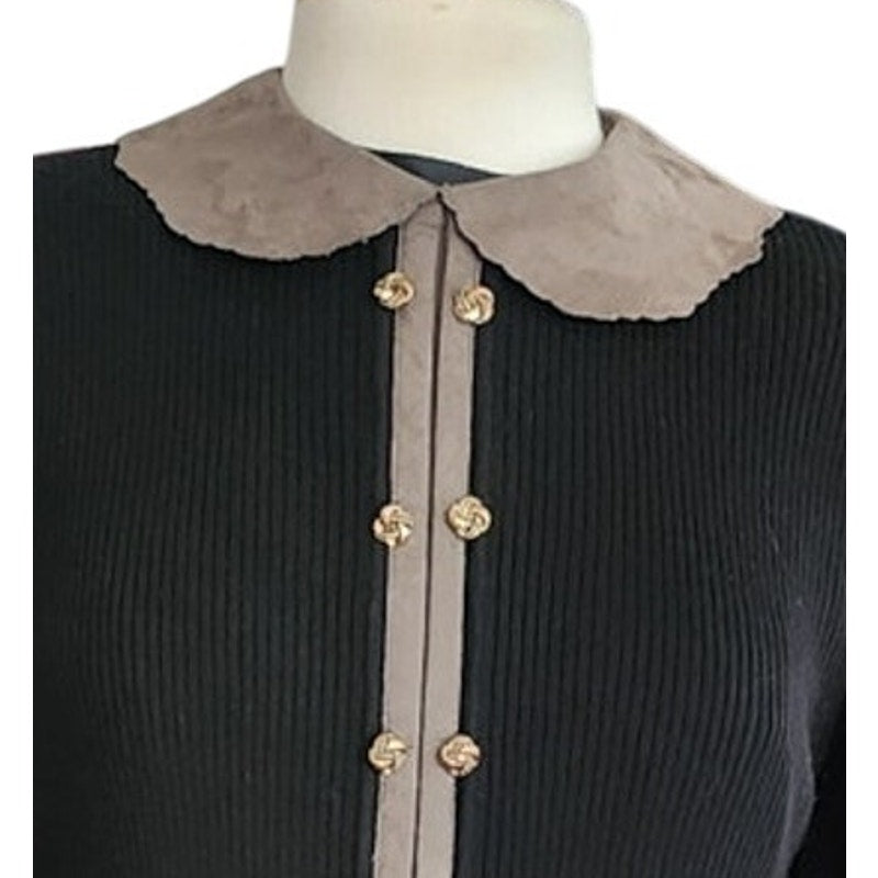 Vintage 1980s CIAO Dress Drop Waist Black Knit Gray Faux Suede / M