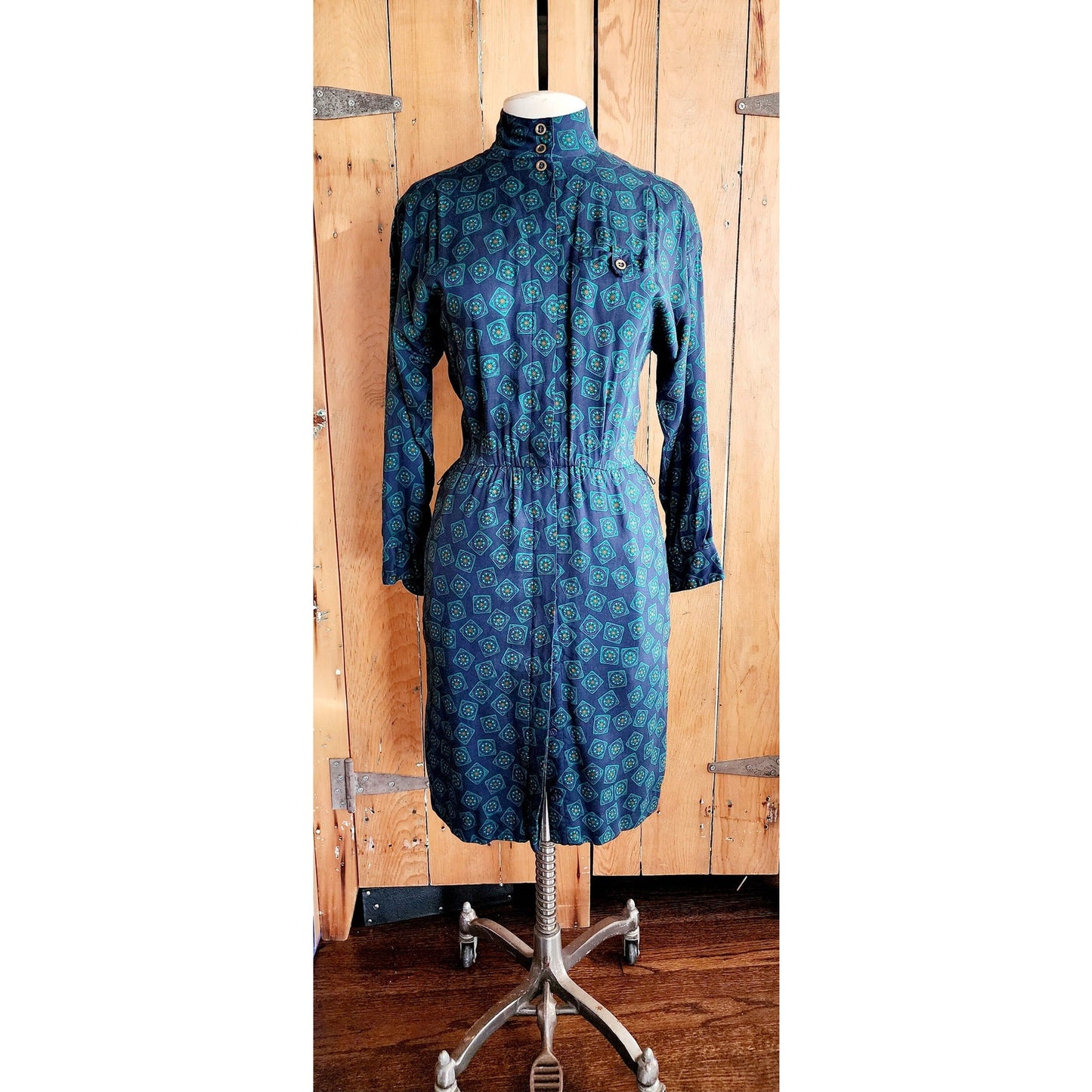 Vintage 80s Liz Claiborne Button Down Dress Green Blue Print