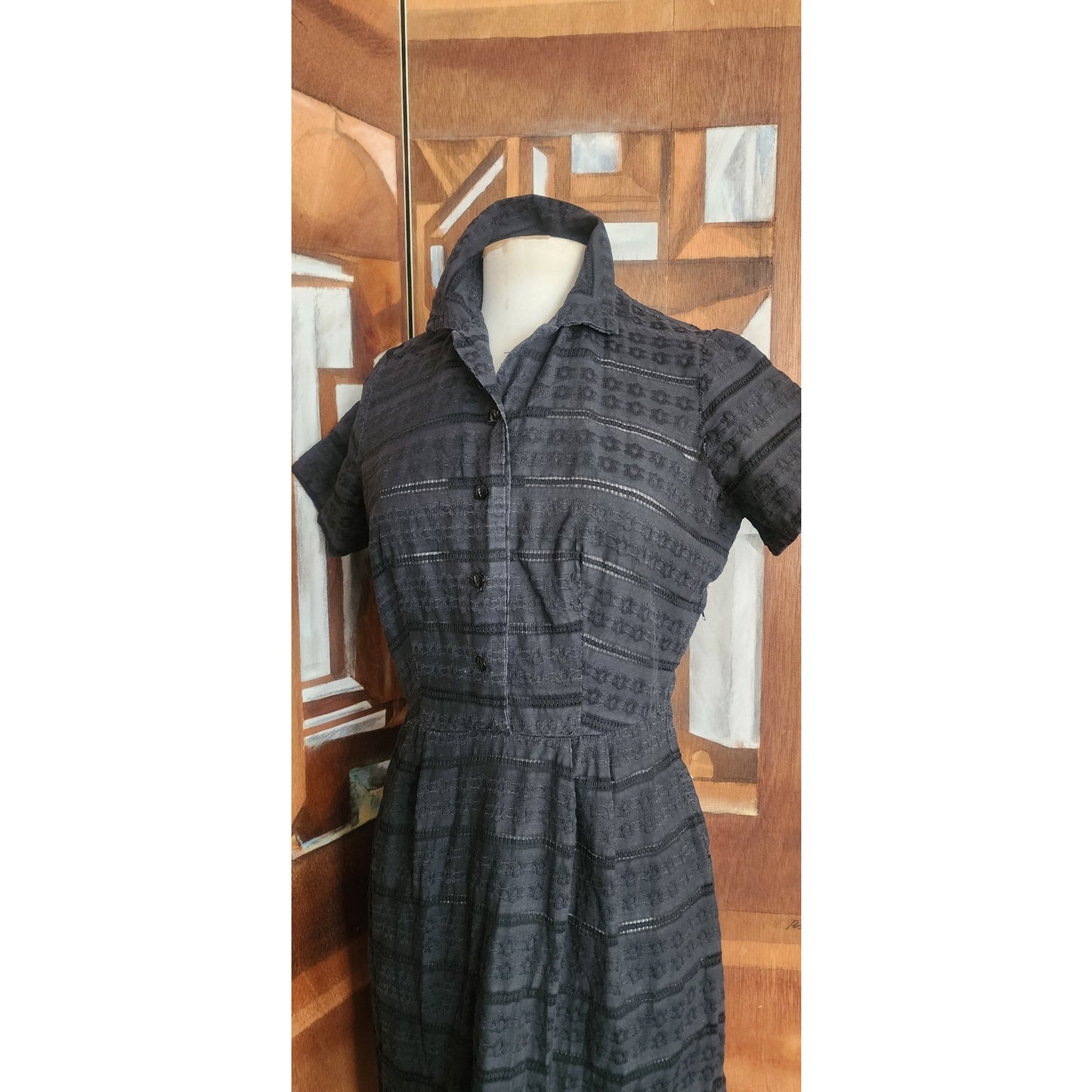 Vintage 50s Black Shirtwaist Day Dress Short Sleeve Textured Stripe Kay Whitney