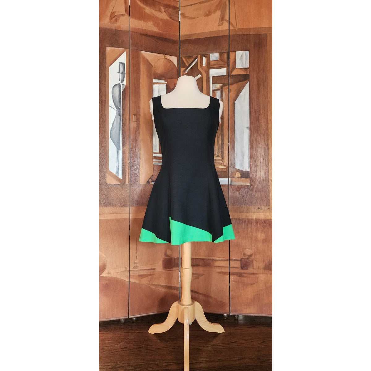 Vintage 1990s Designer Sleeveless Dress Raw Silk Black Green Victoria March Chicago