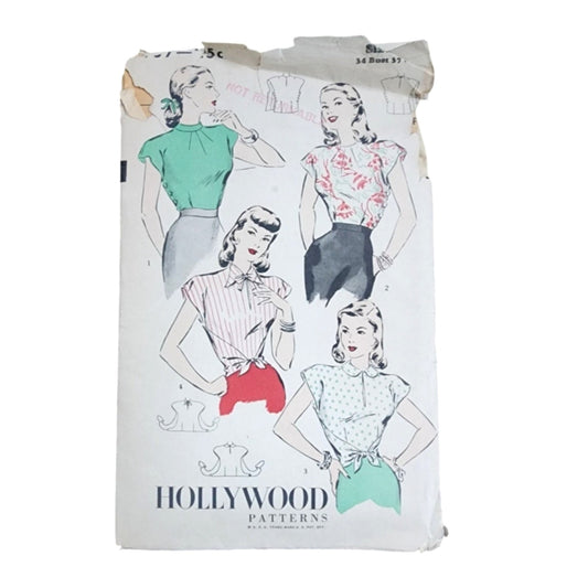 Vintage 1940s Sewing Pattern Original Hollywood 407  Shirt Short Sleeved Blouse UNCUT