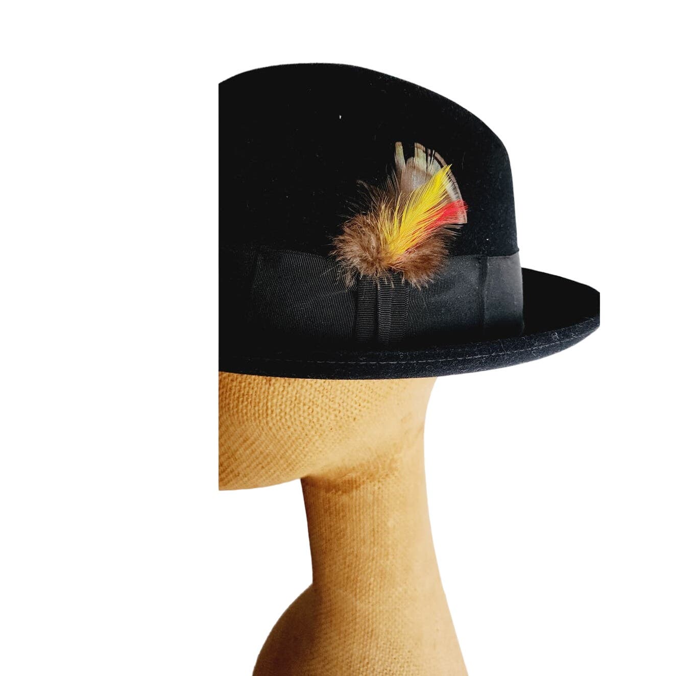 Vintage 60s Mens Fedora Stetson Hat Black Wool Orange Feather 7 3/8