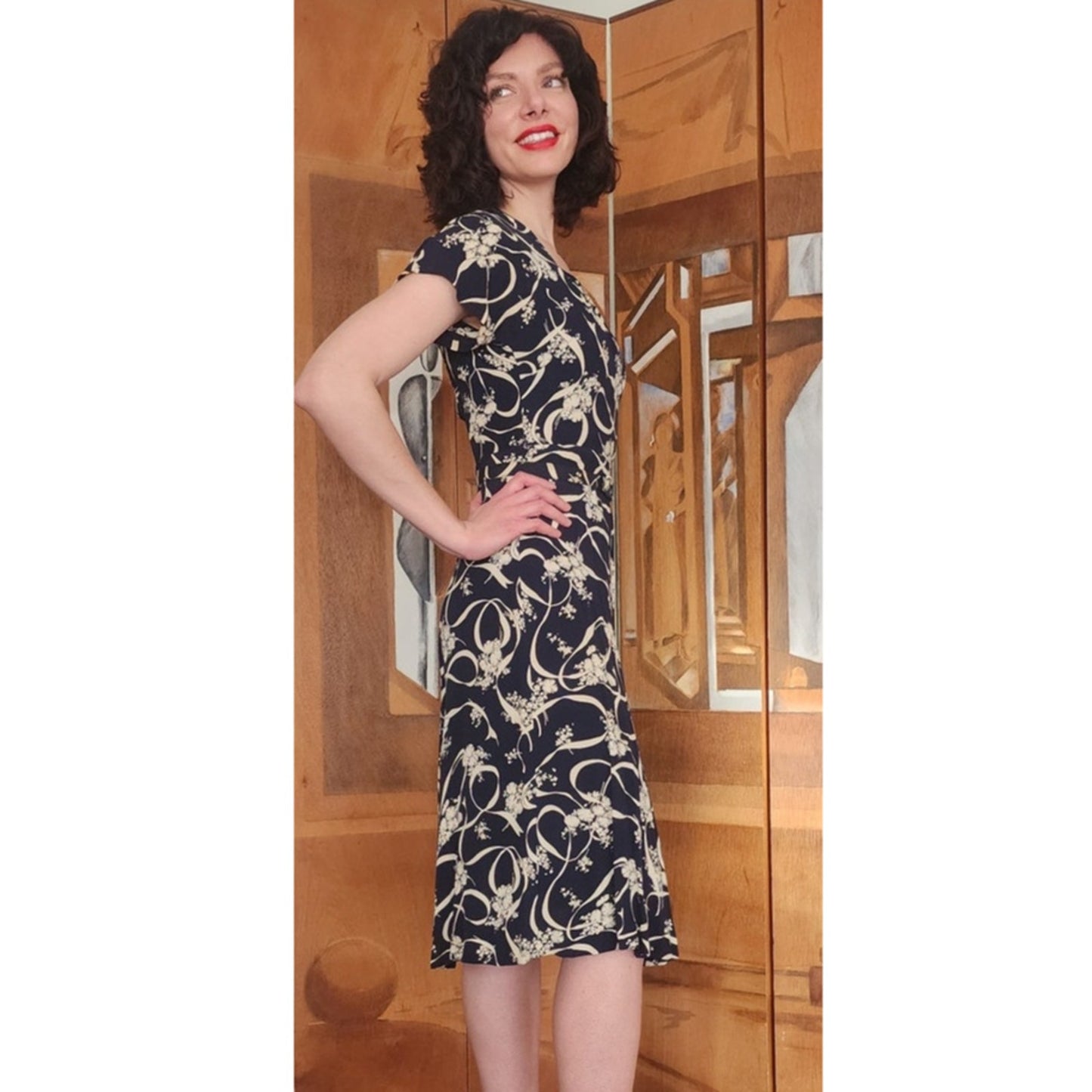 Vintage ORIGINAL 1940s Dress Leslie Fay Black Cream Floral Ribbon Rayon Midi Day