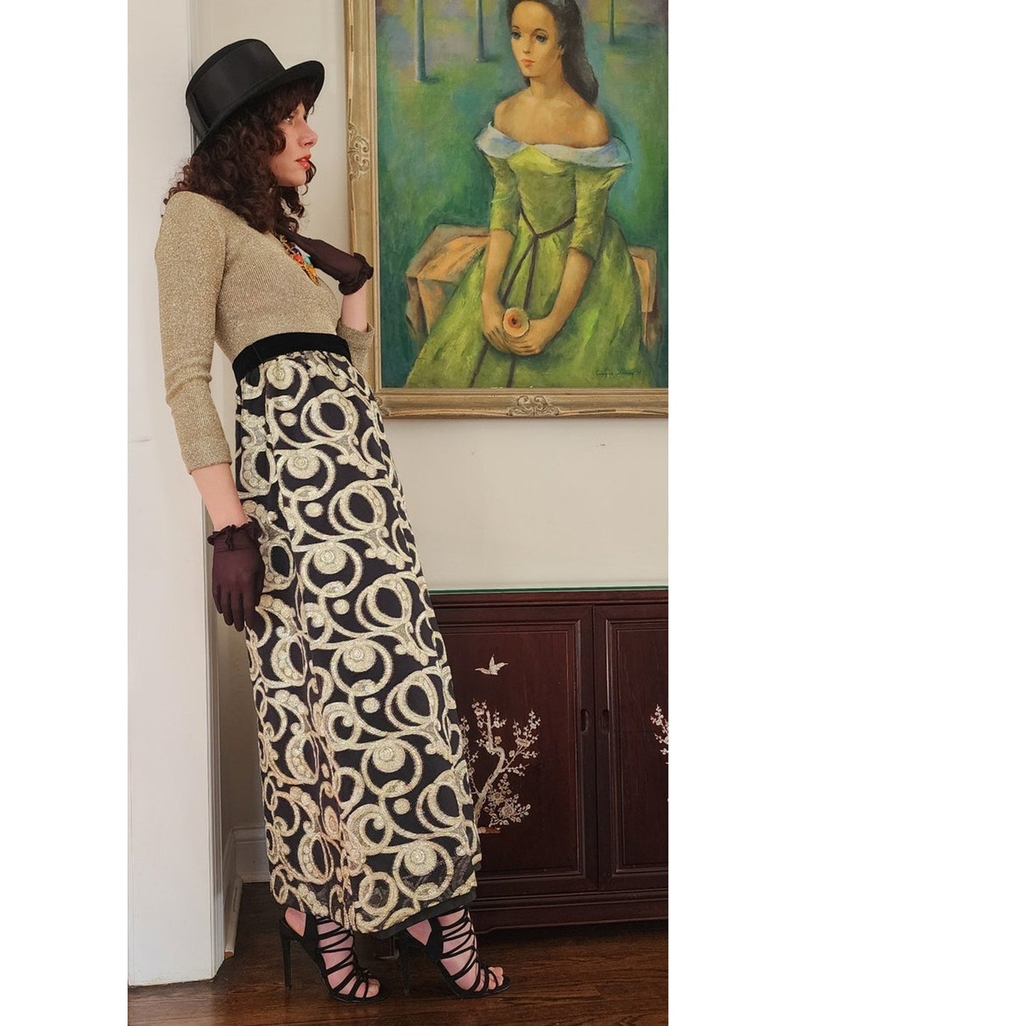 Vintage 1970s Gold & Black Maxi Dress Metallic Spiral Swirl / S