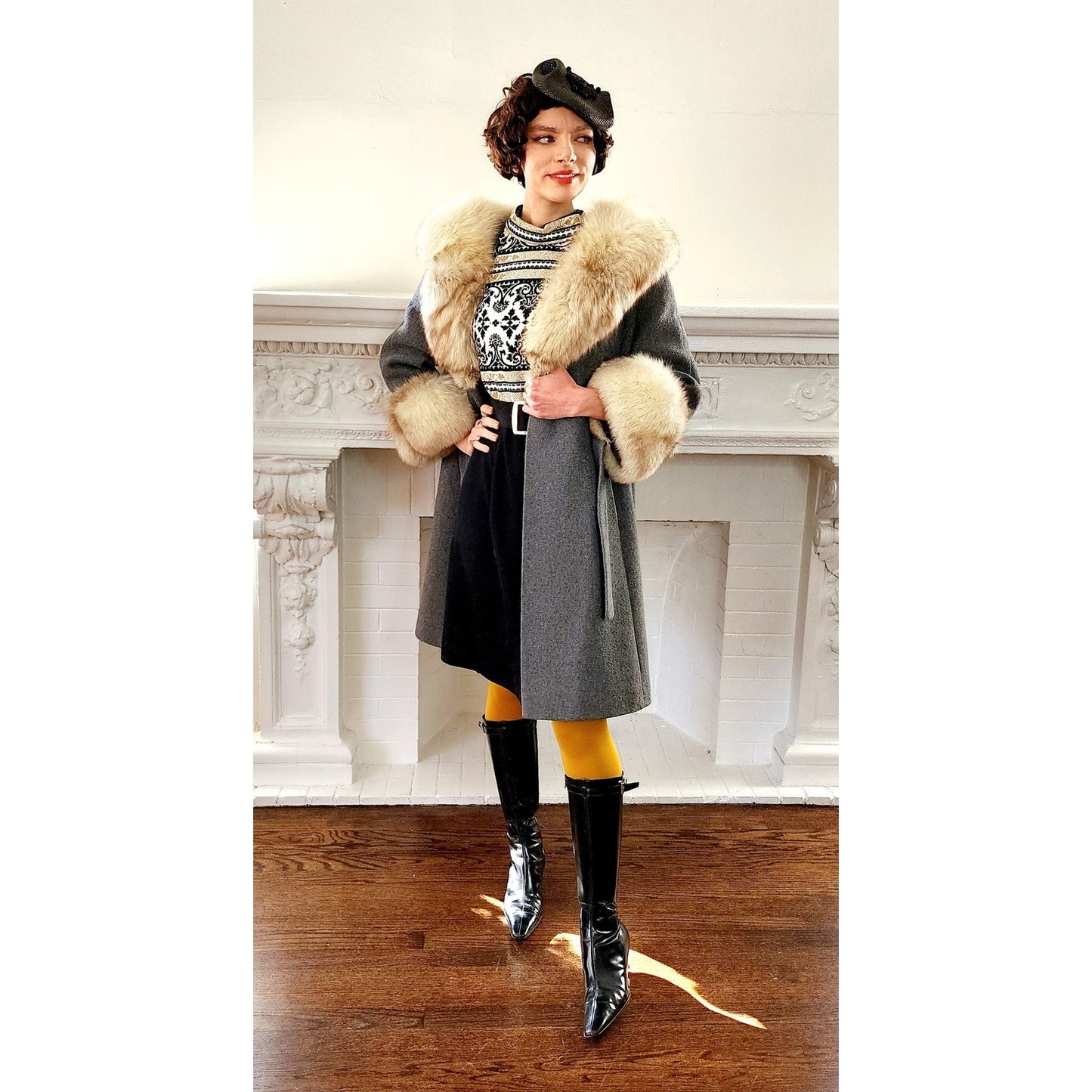 60s Gray Coat Cream Fox Fur Collar & Cuffs by Gino Rossi