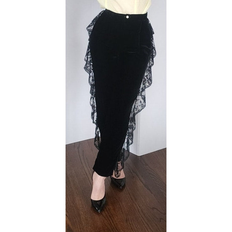 Vintage 80s Valentino Pants Black Velvet w/Race Ruffled Trim