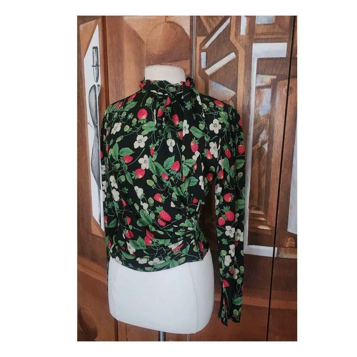 Vintage 1980s Emanuel Ungaro Parallele Blouse Strawberry Floral Print Silk Long Sleeve Shirt