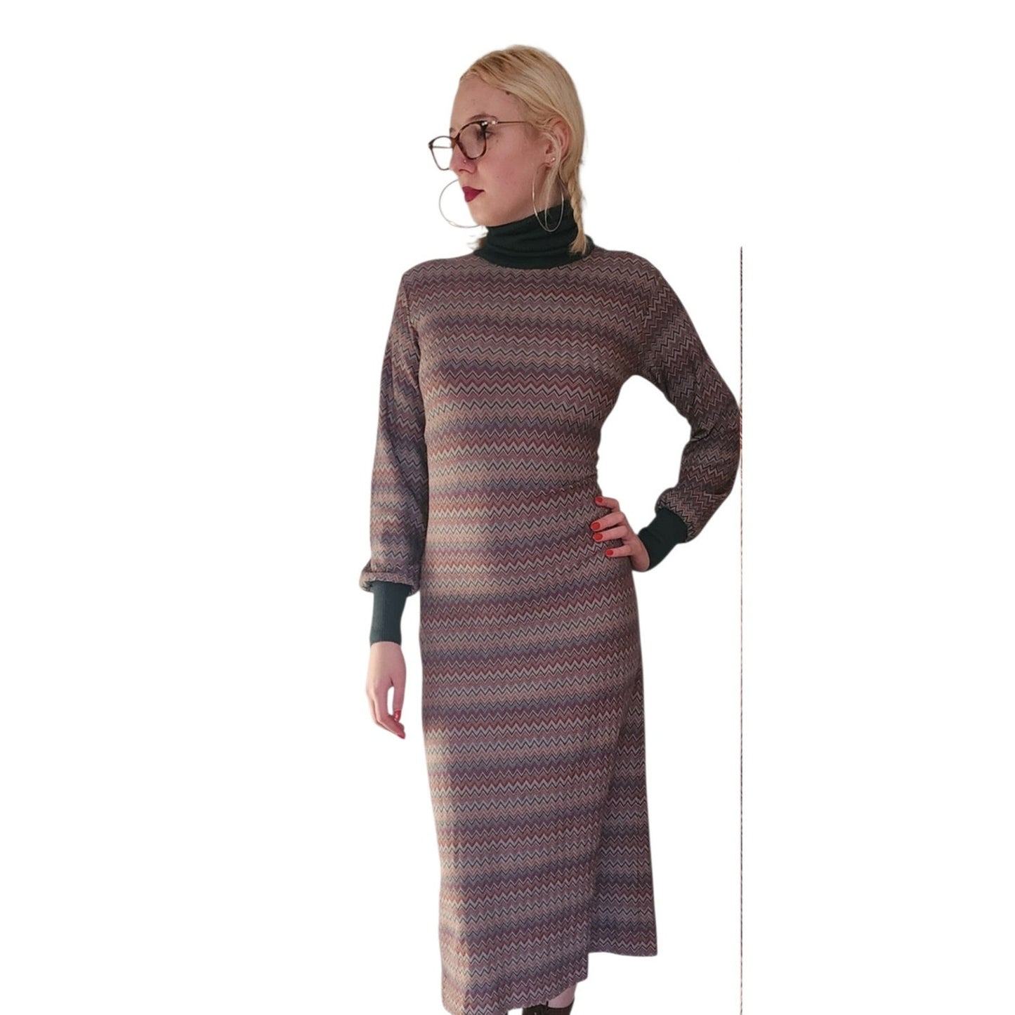 Vintage 70s MISSONI Knit Dress Long Sleeved Turtleneck Zigzag Pattern