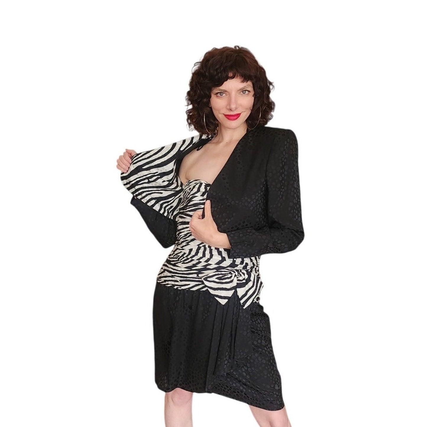 Vintage 1980s AJ Bari Strapless Dress Bolero Jacket Suit Set Zebra Print Black White Silk / M