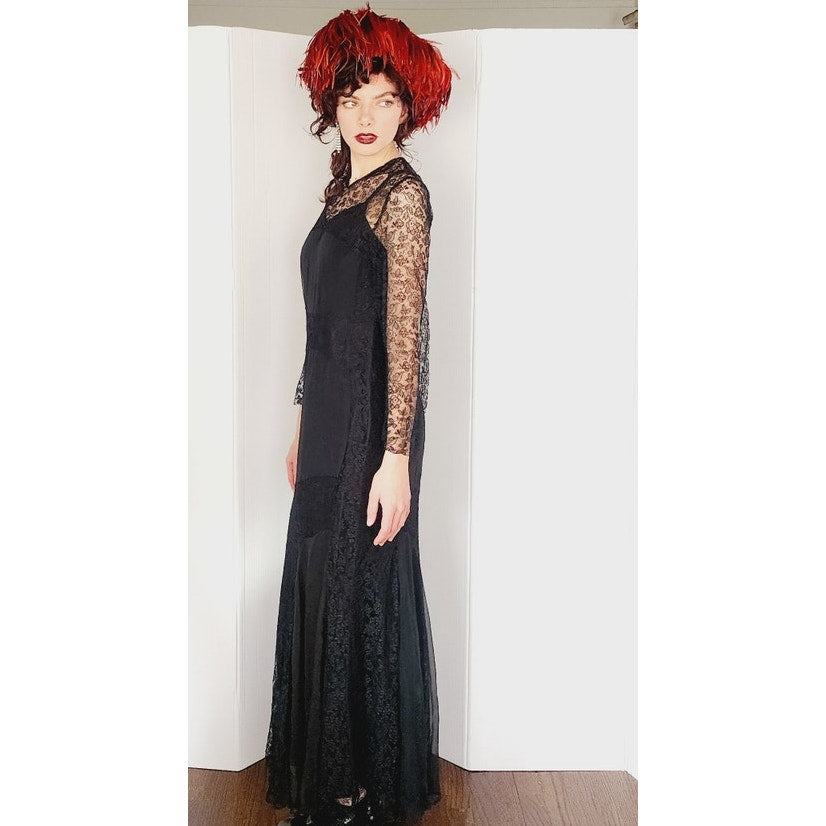 Vintage 30s Evening Dress Black Lace Long Sleeves / S