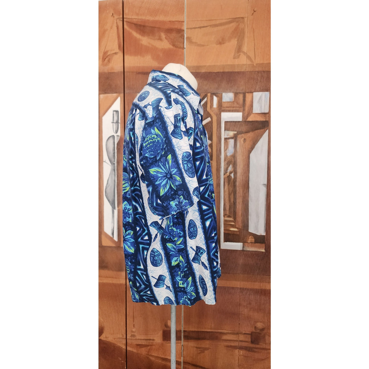 Vintage 1960s Ui-Maikai Men's Blue Hawaiian Tiki Shirt Cotton Short Sleeve