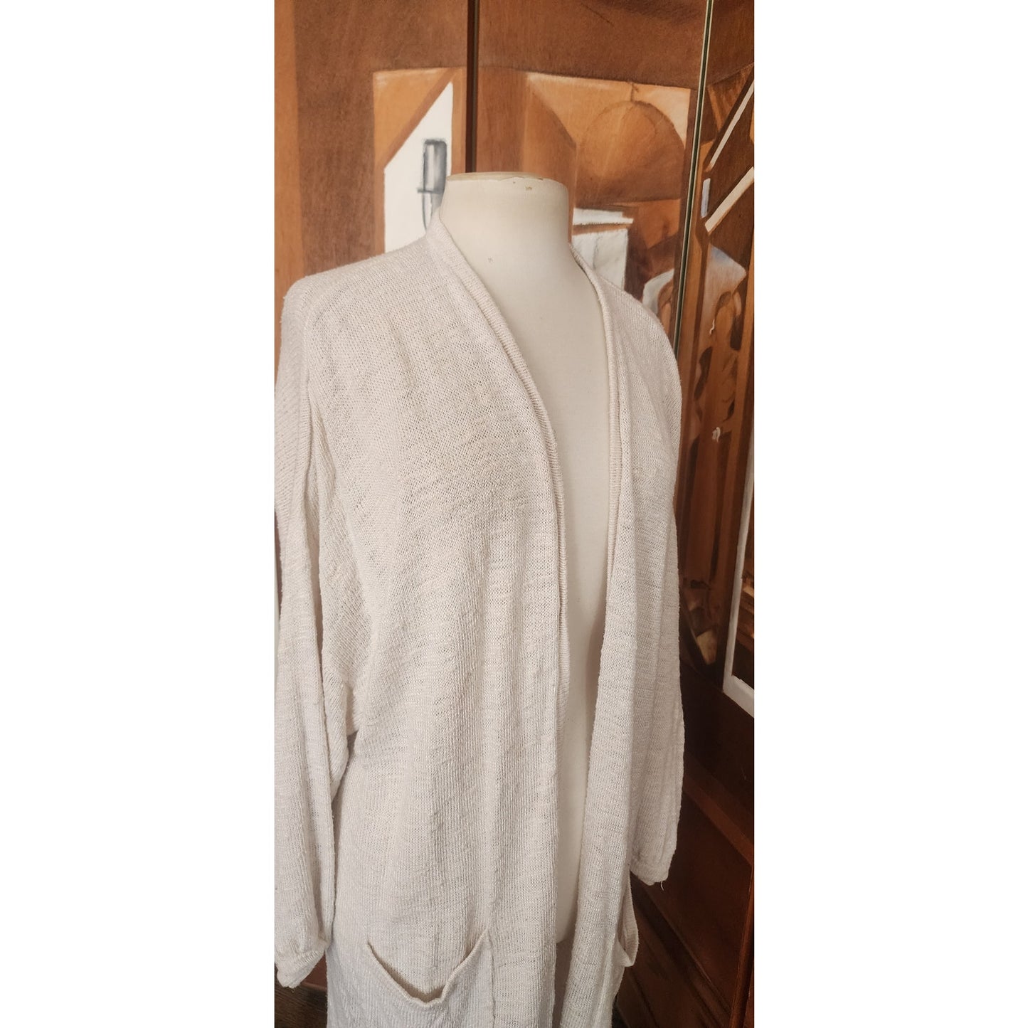 Vintage 1980s Maria Rodriguez Chicago Cardigan Duster Long Jacket Cream Knit L