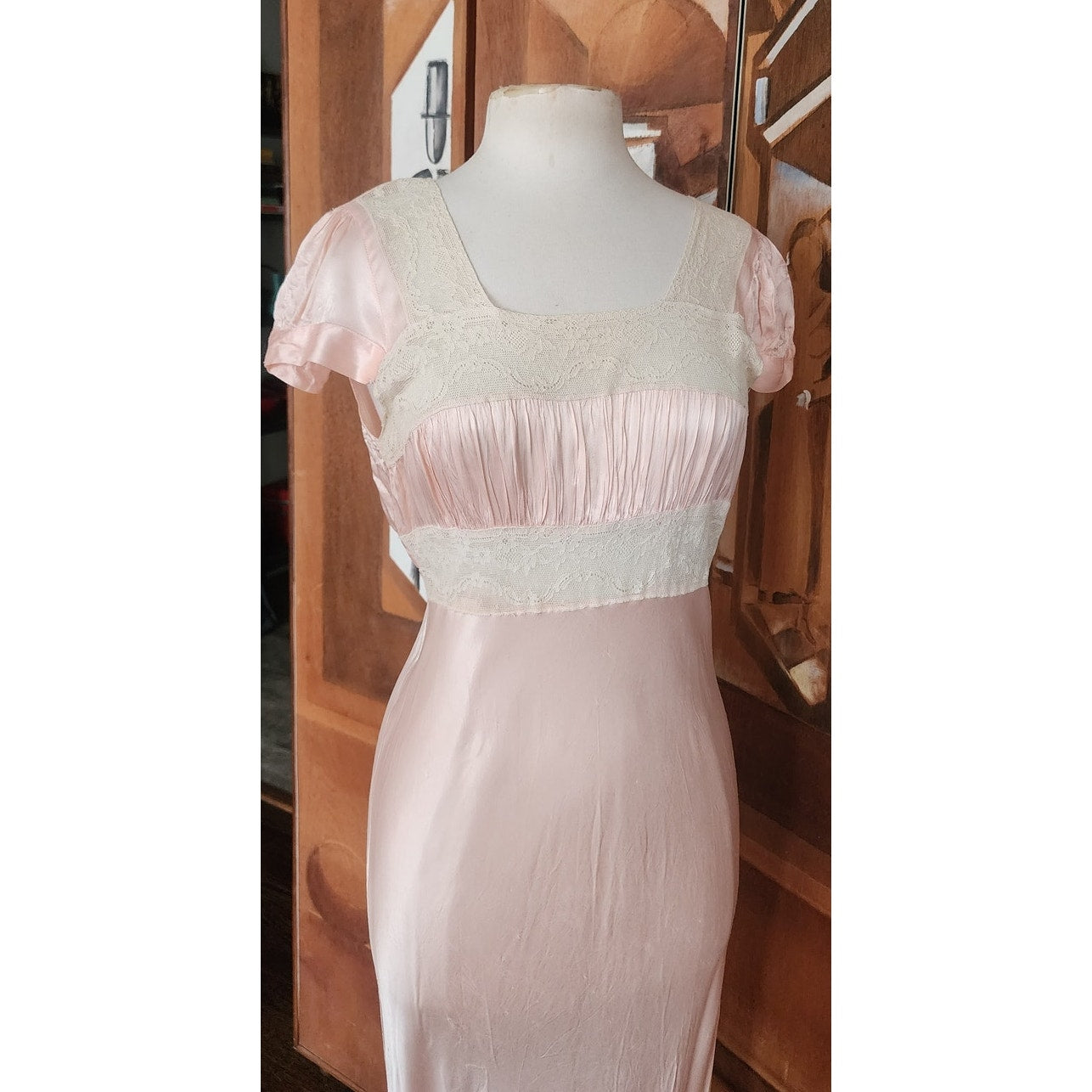 Vintage 30s Pale Pink Silk & Lace Bias Cut Nightgown Dress Long Slip Old Hollywood M