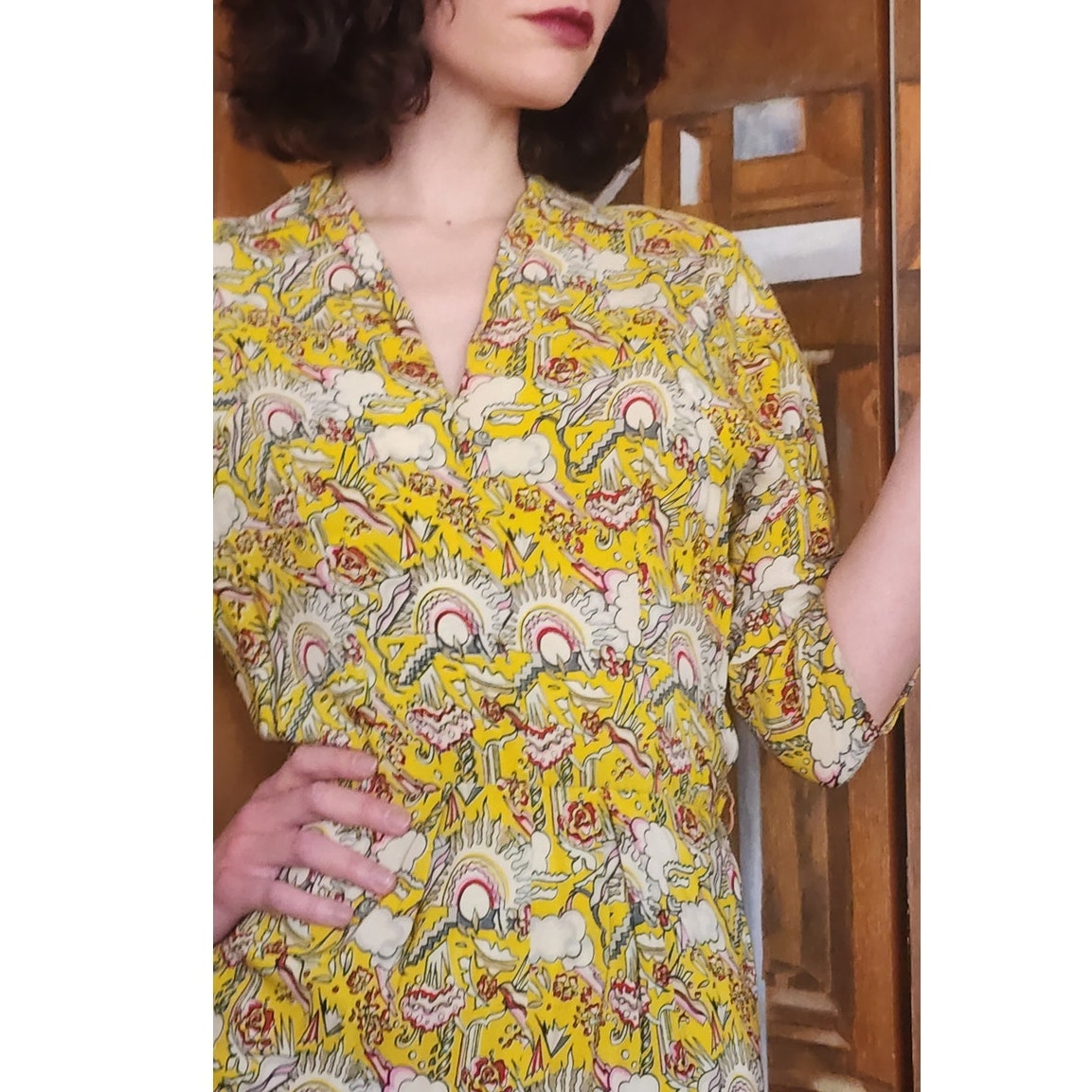 Vintage 40s Yellow Rayon Novelty Print Midi Dress XS