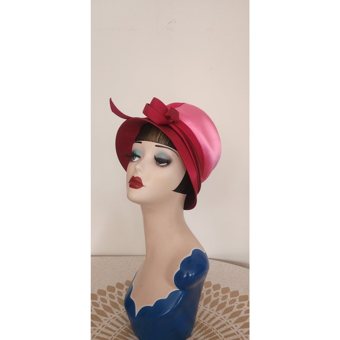 Vintage 60s Bucket Hat Red Pink Satin Cloche 20s Style Mr John Jr