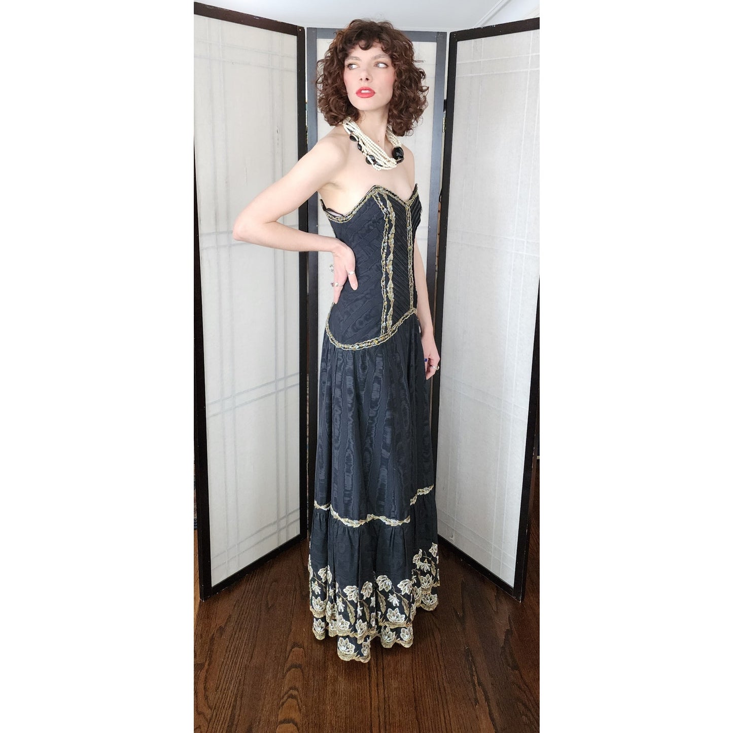 Vintage Strapless Evening Dress Black Gold Brocade Lace Trim
