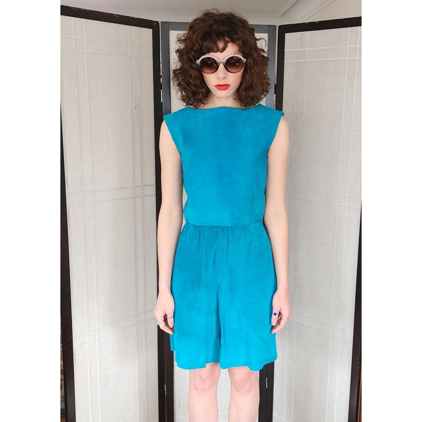 Vintage 80s Blue Suede Shorts + Top Set by Maxima