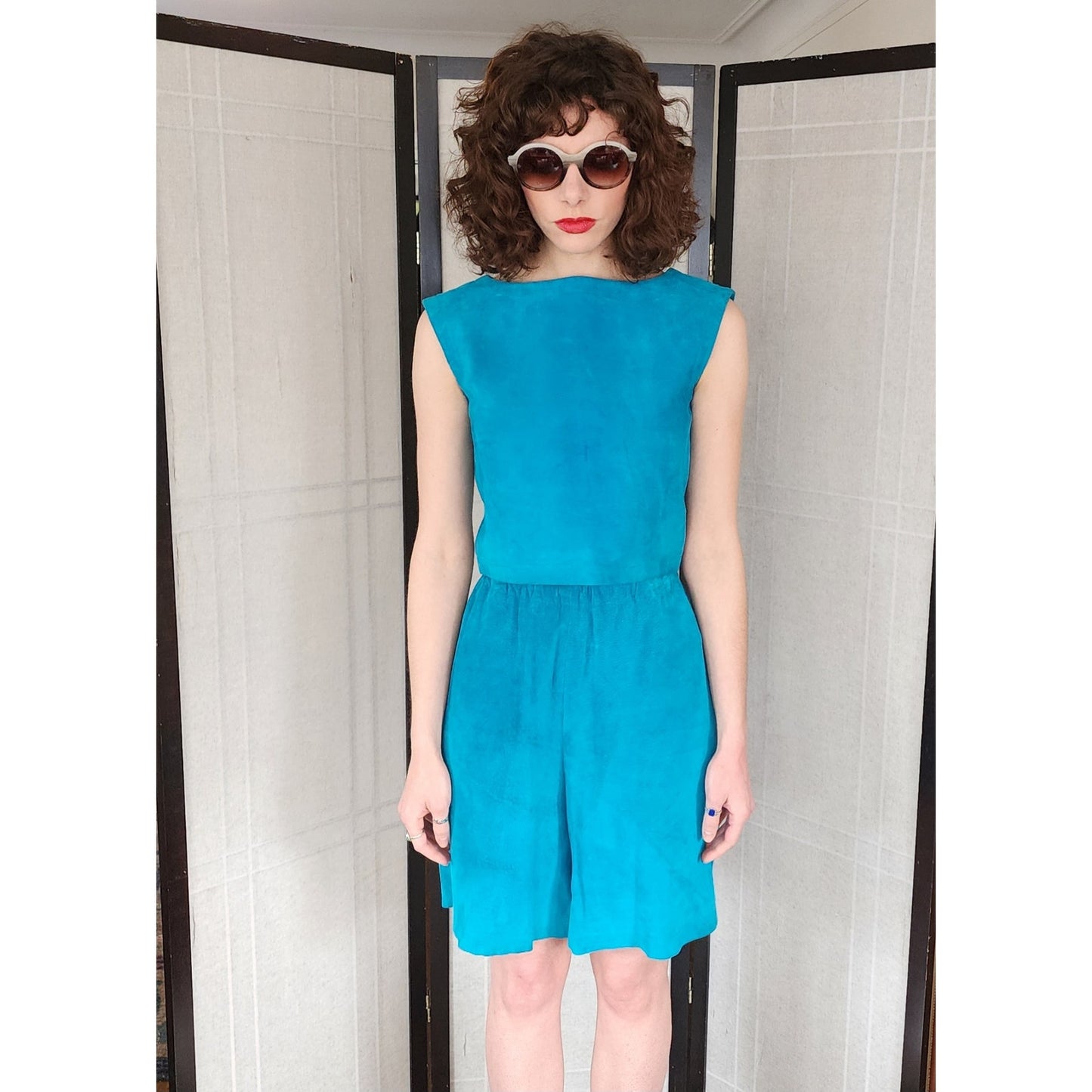 Vintage 80s Blue Suede Shorts + Top Set by Maxima