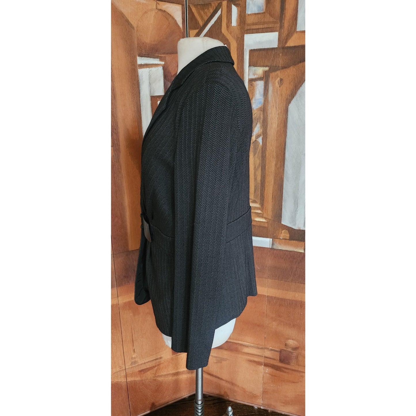 Vintage 2000s Armani Blazer Gray Herrinbone Wool Fitted Jacket Buckle Closure