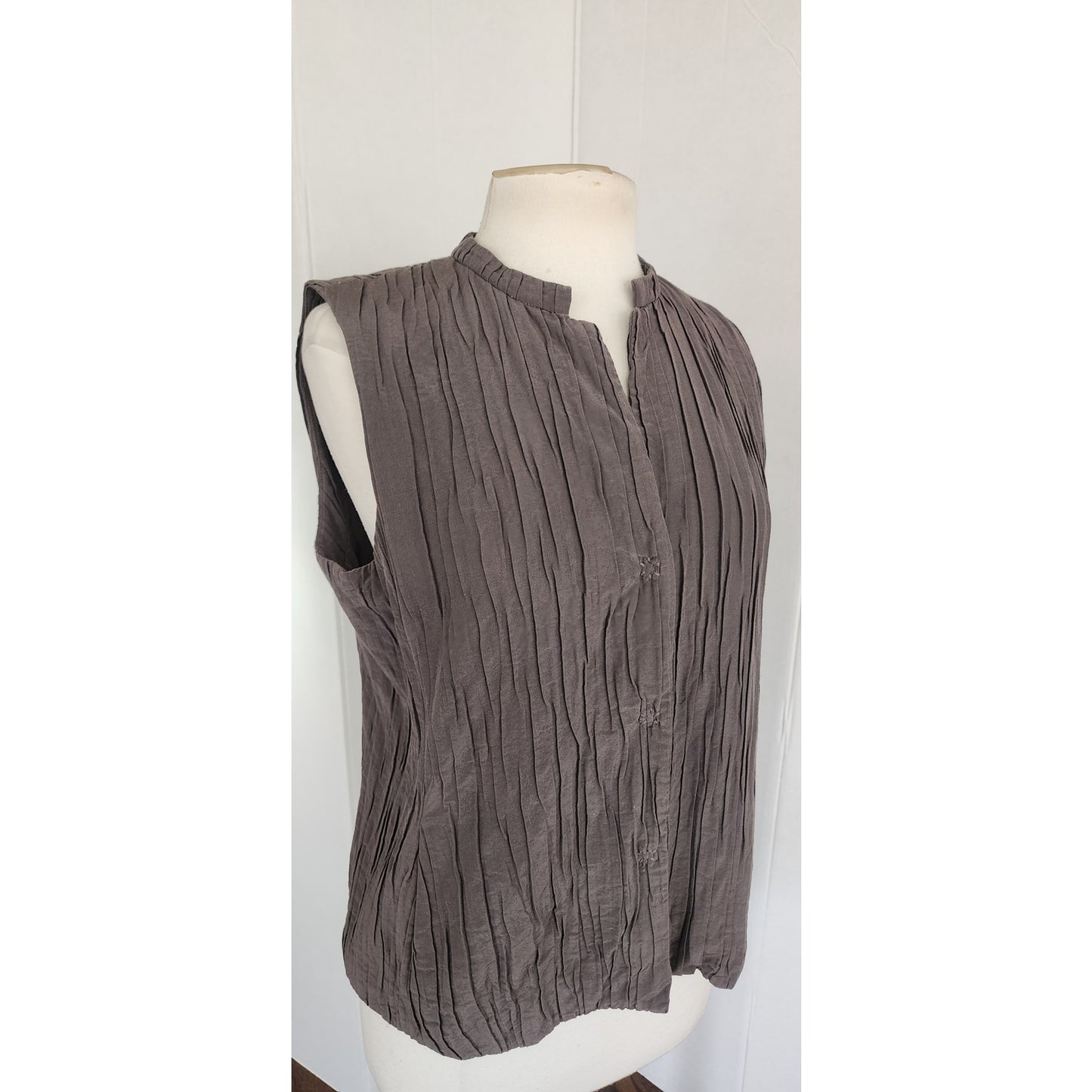 Eileen Fisher Sleeveless Top Vest Crinkled Brown Gray Cotton Silk / M