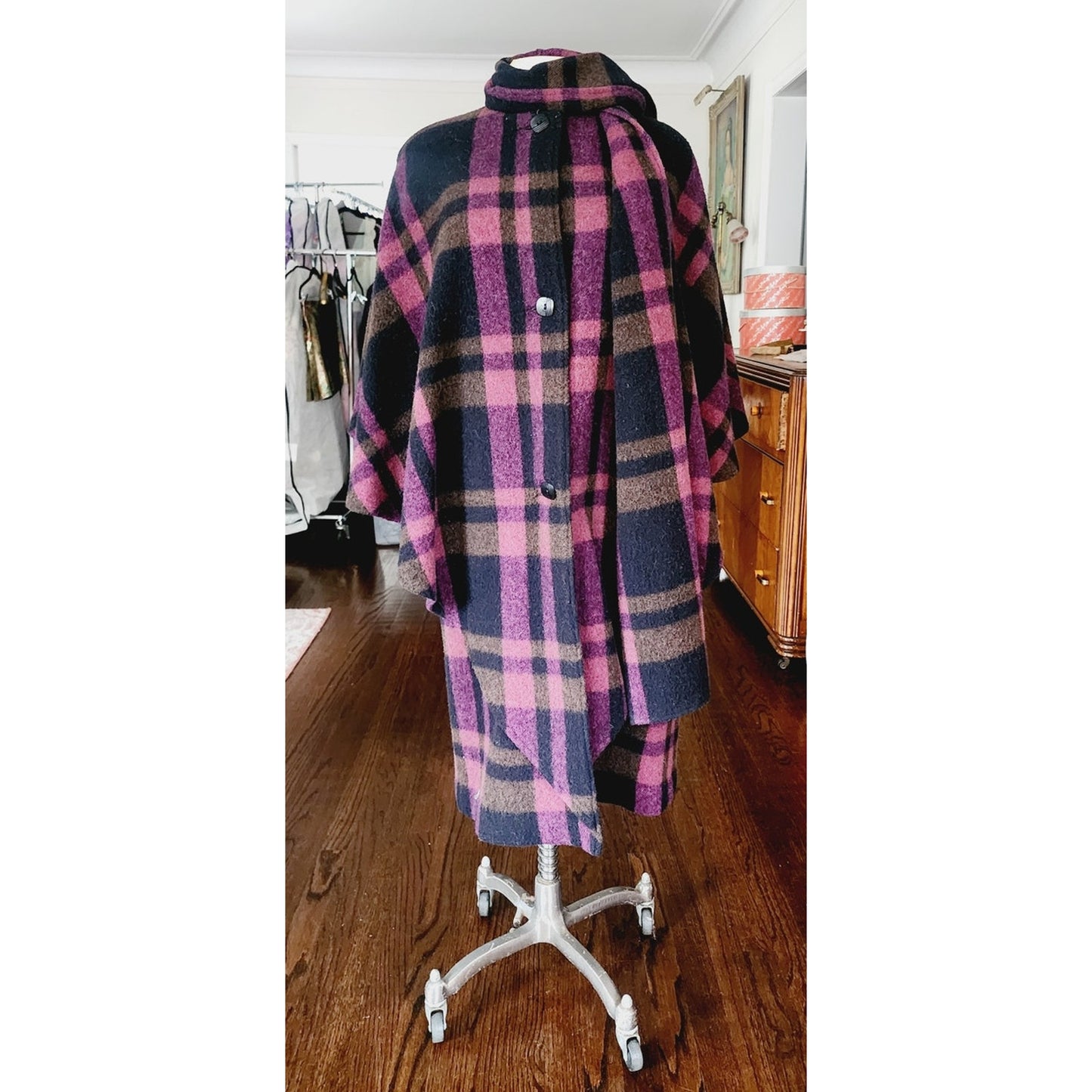 Vintage 90s Purple Wool Plaid Poncho Cloak Coat w/Scarf