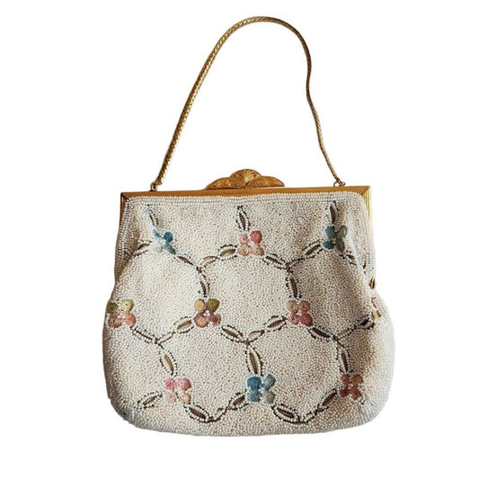 Vintage 50s Evening Bag White Beads Floral Embroidery Walborg