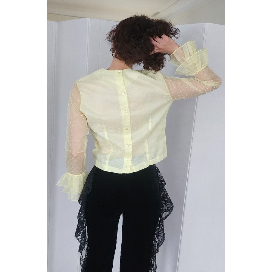 Vintage 70s Yellow Sheer Blouse Ruffled Sleeve Cuffs Dotted Swiss by Majorette