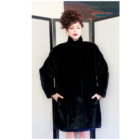 80s Black Rabbit Fur Coat Carole Little for Henri Bendel